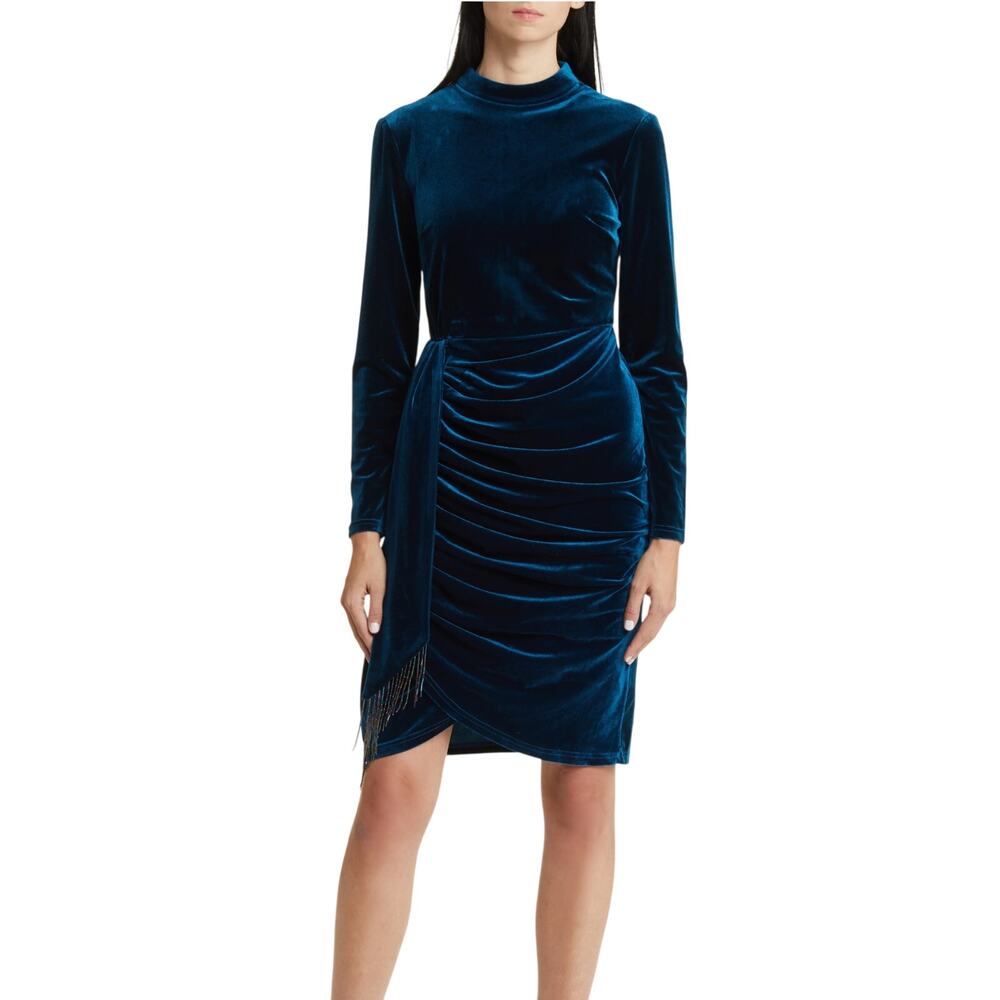 Tahari Blue Cocktail Dress Velvet Beaded Long Sleeve Mock Neck Sheath Size 10